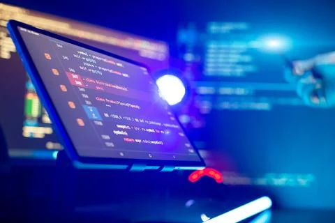 Monitor closeup of function source code. Abstract IT technology background. Stock Photos