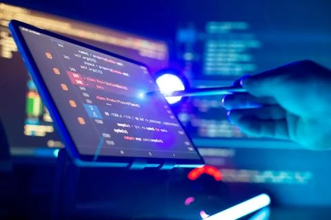 Monitor closeup of function source code. Abstract IT technology background. Stock Photos