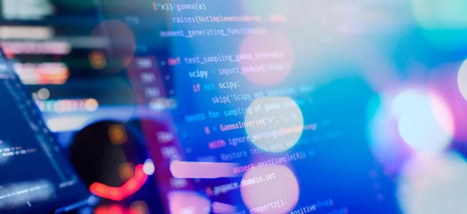 Monitor closeup of function source code. Abstract IT technology background... 스톡 사진