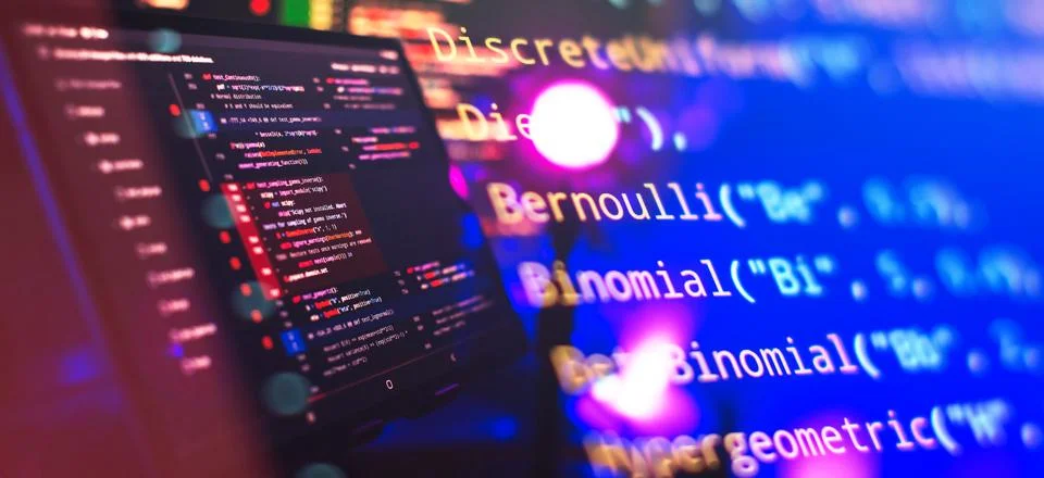 Monitor closeup of function source code. Abstract IT technology background... Foto stock