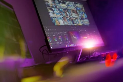 Monitor for color correction. A program for color correction is running 写真素材