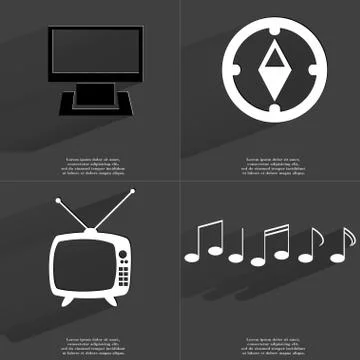 Monitor, Compass, Retro TV, Notes. Symbols with long shadow. Flat design Stock Illustration