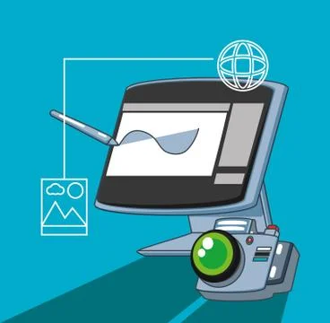 Monitor computer with camera photographic and set icons Illustrazione stock