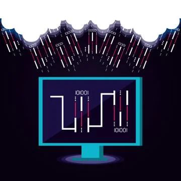 Monitor computer with data center icons Stock Illustration