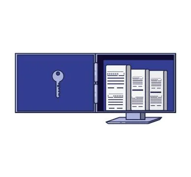 Monitor computer open with key and document Illustrazione stock