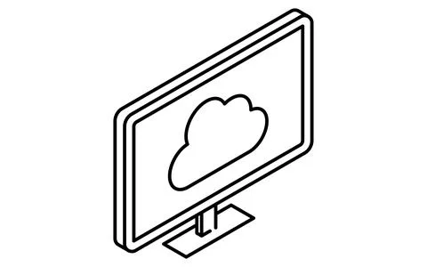 Monitor connected to cloud isometric line icon with cloud network symbol, b.. Ilustração Stock