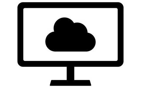 Monitor connected to cloud line icon with cloud network symbol, black and whi 스톡 일러스트