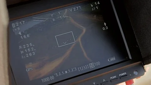 The monitor on the control panel shows the image from the copter. Stock Footage 75826262