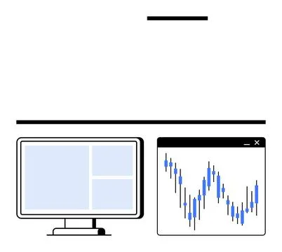 Monitor with a dashboard next to a browser window showing stock market data w Stock Illustration