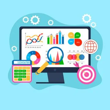 Monitor with data chart company profile, info graphic elements graph design Stock Illustration