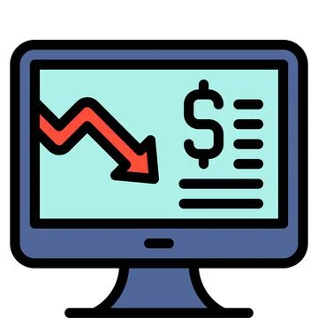 Monitor with decrease arrow icon, Bankruptcy related vector Stock Illustration