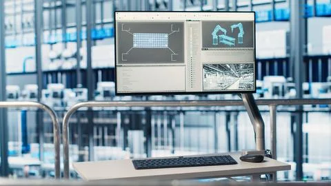 Monitor displaying industrial automation software overlooking smart factory Stock Photos
