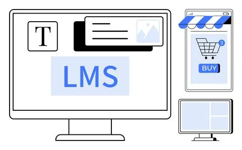 Monitor displaying Learning Management System with text and multimedia elemen Stock Illustration