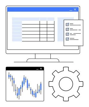 Monitor displaying a spreadsheet, checklist with checkmarks, chart analyzing  イラスト素材