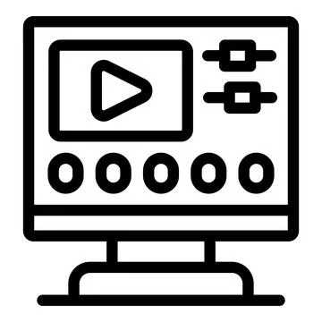 Monitor displaying video editing software with play button, control panel, an Illustrazione stock