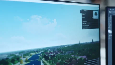 Monitor displays 3D city model and digital landscape Видео 332719557