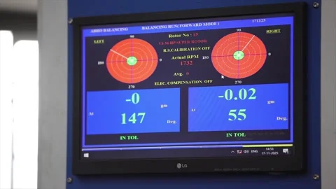 An monitor displays the digital balancing machine during a "Forward Mode" test Stock Footage 328084399