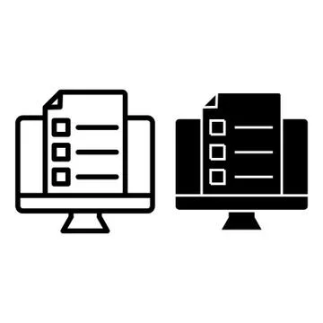 Monitor with document line and glyph icon. List on computer vector illustration Illustrazione stock