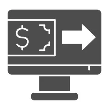 Monitor with dollar banknote and arrow solid icon. Computer transaction symbol Illustrazione stock