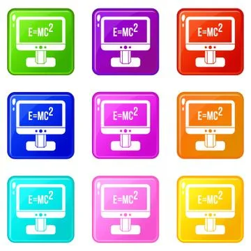 Monitor with Einstein formula icons 9 set Stock Illustration