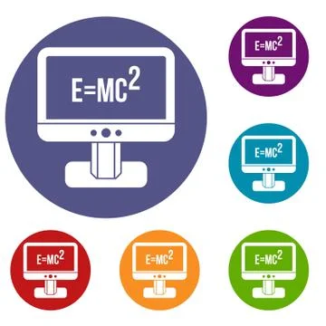 Monitor with Einstein formula icons set Stock Illustration