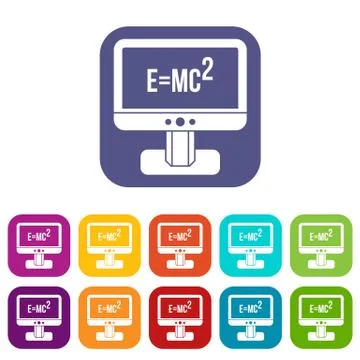 Monitor with Einstein formula icons set Stock Illustration