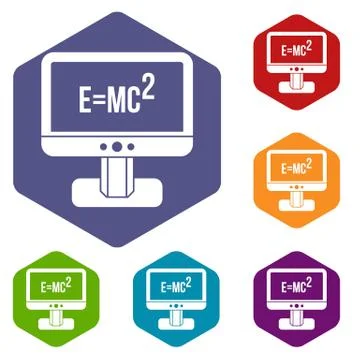 Monitor with Einstein formula icons set Stock Illustration