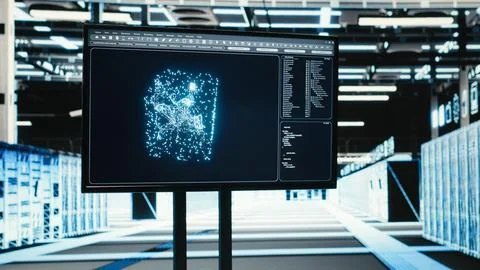 Monitor in empty data center and AR visualization used to troubleshoot issues Stockfoto's