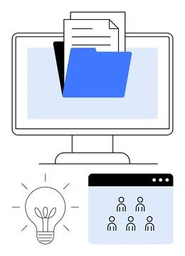 Monitor with a folder and documents, light bulb symbol for ideas, and team on Stockillustratie