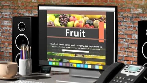 Monitor with Fruit information on desktop with office objects. Stock Illustration