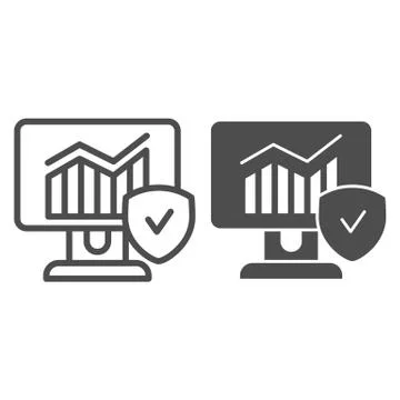 Monitor with graph and checkmark line and glyph icon. Diagram on computer vector Stock Illustration