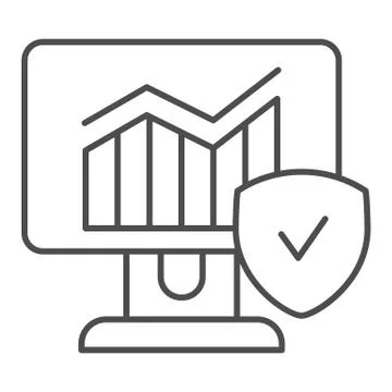 Monitor with graph and checkmark thin line icon. Diagram on computer vector Stock Illustration
