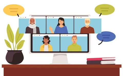 Monitor with a group of colleagues or students of different nationalities Stock Illustration