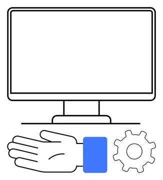 Monitor with Hand Reaching for Gear Icon, Signifying Assistance and Technic.. 스톡 일러스트