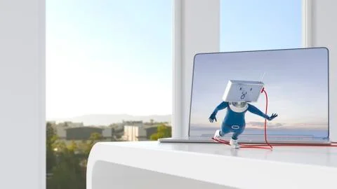 Monitor-headed manikin balancing on desk in front of laptop Illustrazione stock
