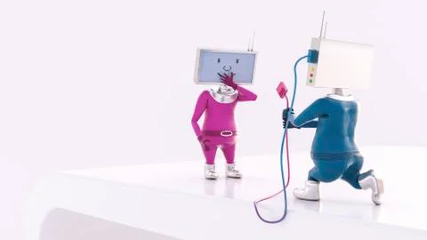 Monitor-headed manikin proposing to female manikin 스톡 일러스트