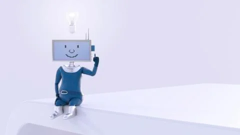 Monitor-headed manikin sitting on desk, thinking with burning light bulb Stockillustratie