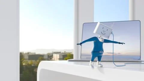 Monitor-headed manikin stumbling over cable on desk in front of laptop Illustrazione stock