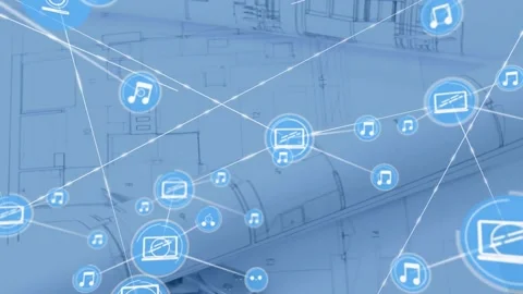 Monitor icon emerging forming lines and nodes to visualize media network over Stockbeeldmateriaal 317369689