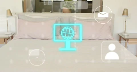 Monitor icon fading in above bed, emitting UI elements and binary streams, Stock Footage 323406780