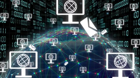 Monitor icon fading in above globe, monitors spawning and drifting forward, Stock Footage 333478136