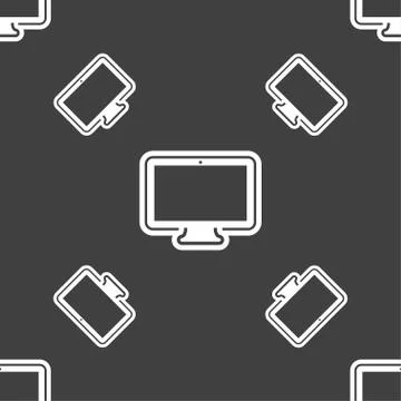 Monitor icon sign. Seamless pattern on a gray background. Stock Illustration