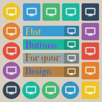 Monitor icon sign. Set of twenty colored flat, round, square and rectangular but Stock Illustration