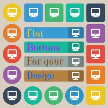 Monitor icon sign. Set of twenty colored flat, round, square and rectangular but Stock Illustration