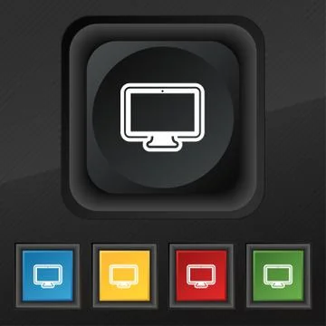 Monitor icon symbol. Set of five colorful, stylish buttons on black texture for Illustrazione stock