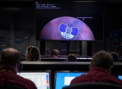 A monitor inside the Mission Support Area displays the status of Mars InSig.. Stock Photos