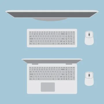 Monitor with keyboard and mouse. Laptop with mouse. Top view workplace. Illustrazione stock