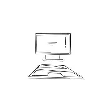 Monitor, keyboard one line vector illustration art hand draw . Illustrazione stock