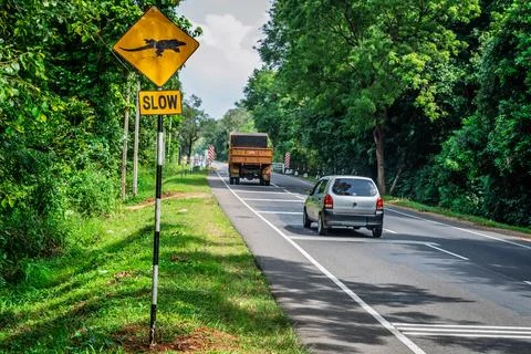 Monitor lizard crossing warning sign, Sri Lanka Stock Photos