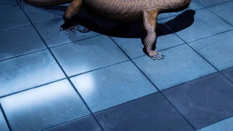 Monitor lizard walking on tiled floor in a bright room near sunset Stock Footage 339503410